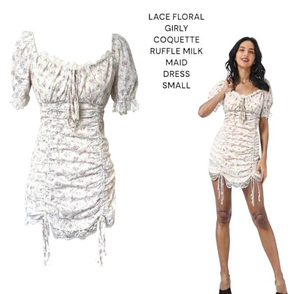 GIRLY RUFFLE LACE FLORAL MILK MADE RUCHED TIE‎ UP DRESS SMALL. - Picture 1 of 6